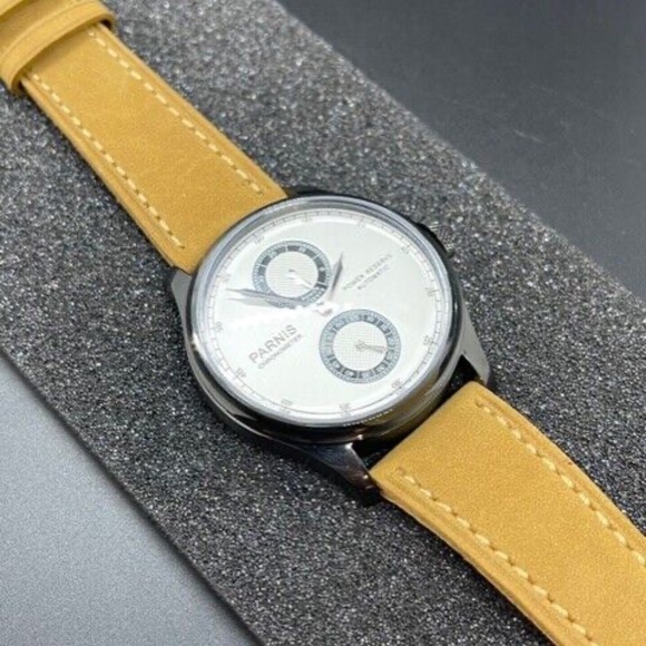 PARNIS 43mm White Dial Power Reserve Black PVD Coating Leather Automatic Watch - Picture 9 of 10